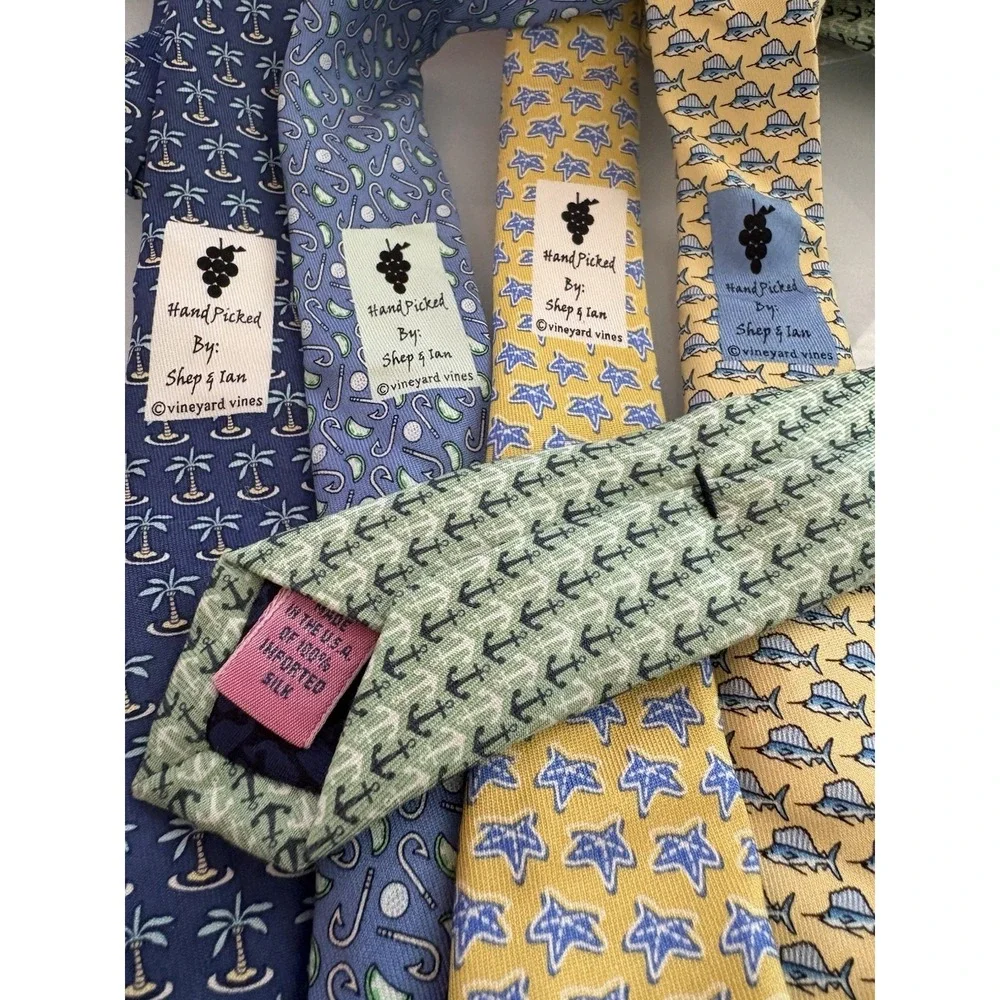 Vineyard Vines Tie Lot 5 Fish Anchor Nautical‎ Palm Tree Hook Blue Yellow Green
